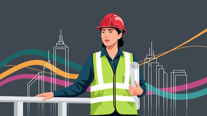 Woman architect in hard hat and safety vest holding blueprints.