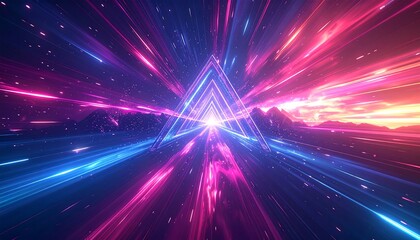 Naklejka premium Triangle portal of neon rays over a mountain range against a bright horizon