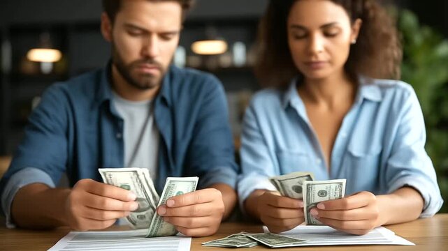 Split-screen composition showing faceless man and woman dividing cash money and financial documents in half, divorce asset separation, financial independence, with copy space