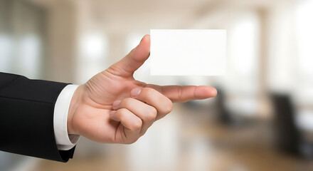 Hand holding a blank white business card in an office environment
