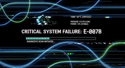 Digital screen displaying critical system failure message with diagnostic scan initiated. Data corruption and glitch effect on futuristic interface.