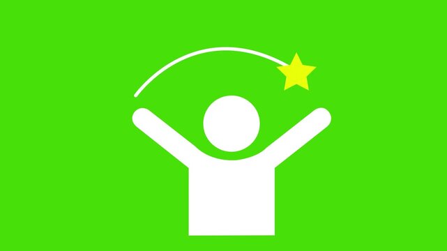 White stick figure with arms raised, animated arc, and a yellow star on a solid green background, success, ambition, goal, achievement, or aspiration
