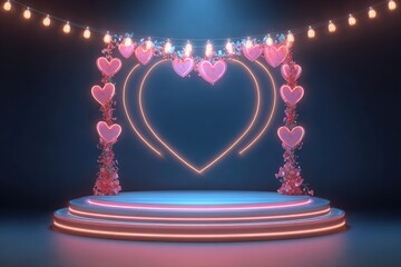 Romantic heart-shaped arch adorned with pink lights and flowers, creating a dreamy atmosphere for celebrations, events, or special occasions with vibrant colors and soft glow
