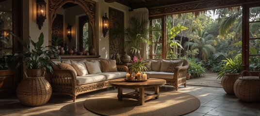 Obraz premium luxurious tropical sunroom with wicker furniture, lush plants, and warm ambient light.