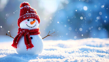 Cute snowman wearing red knit hat in bright winter snow