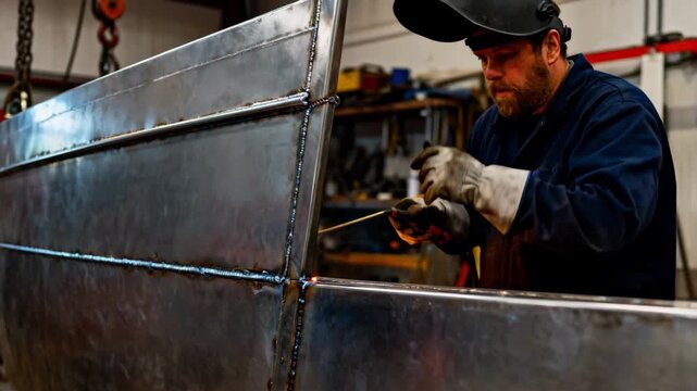 Focused frame showing detailed welding of aluminum hull sections sparks flying as a technician secures strong durable joints.