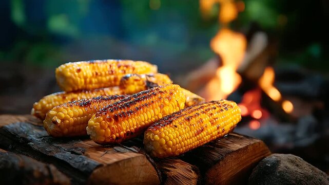 Sweet yellow corn on the cob cooking over open flames outdoors, campfire grilling, summer cookout, fire roasting, defocused embers, with copy space