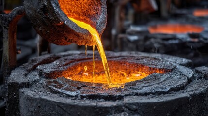 Medium shot of molten iron being poured into a detailed ferrous casting mold highlighting the hightemperature industrial process and metal flow dynamics.