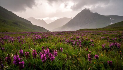 A lowangle view of a vibrant purple wildflower meadow in a misty mountain valley under an overcast sky