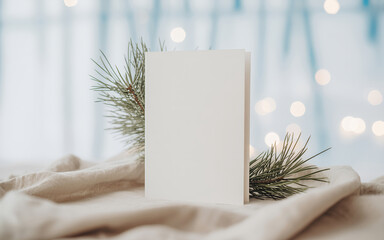 Mockup of white empty clean vertical greeting card for Christmas and New Year.
