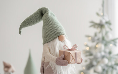 Christmas gnome with a box with a bow.
