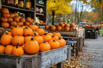 A vibrant autumn market scene with pumpkins, apples, and colorful leaves, set against a backdrop of rustic wooden stalls and a quaint village in the distance.
