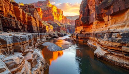 A river winds through a steep layered rock canyon at sunset with golden light illuminating the cliffs and a distant waterfall
