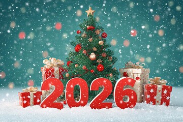 Festive Christmas tree adorned with colorful ornaments, surrounded by beautifully wrapped presents, showcasing the joyful spirit of the holiday season with a snowy backdrop