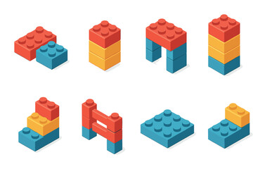 Colorful building blocks in various configurations on gradient background