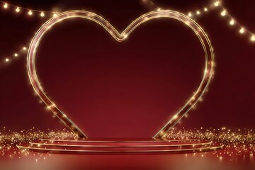 Heart-shaped light design on a circular podium with a blurred bokeh background, creating a romantic atmosphere for celebrations and special occasions, ideal for love-themed projects