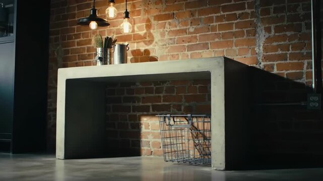 Stylish interior with brick wall, concrete table, and pendant lights.