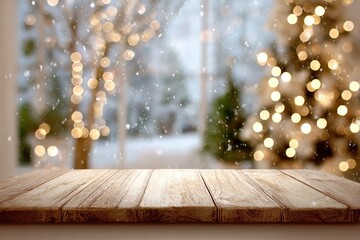 Wooden tabletop with blurred festive lights and snowflakes in the background, creating a warm holiday atmosphere for seasonal celebrations and gatherings