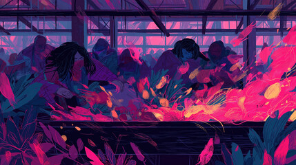 A dynamic, expressive illustration of chefs working together over a blazing pan, captured in vivid neon pinks, purples, and deep blues. Vegetables explode into the air in a burst of motion and color
