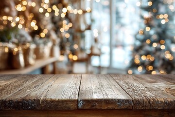 Rustic wooden table with a warm, inviting atmosphere, adorned with soft bokeh lights in the background, creating a cozy holiday ambiance perfect for seasonal celebrations