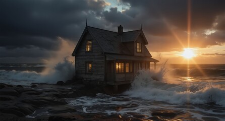 rustic coastal home illuminated against dramatic stormy seas at sunset with crashing waves and radiant sunbeams.