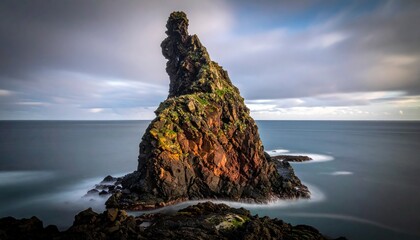 A tall jagged sea stack with green moss and orange tones rises from a misty longexposure sea under a cloudy streaked sky