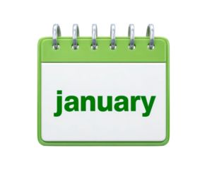 Green and white january calendar page for monthly planning and organization on transparent background, PNG