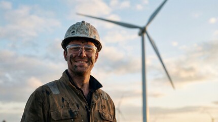 Smiling construction worker wearing helmet and glasses standing near wind turbine with sunset sky in background showcasing renewable energy progress