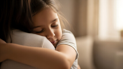 Young girl hugging parent with closed eyes in cozy indoor setting  