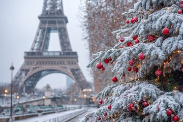 Snow-covered Christmas tree adorned with red ornaments stands in a winter landscape, with the iconic tower in the background, creating a festive holiday atmosphere