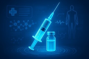 Digital health concept with blue glowing medicine icons and graphics