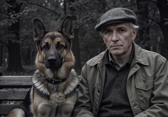 Fototapeta premium senior man with german shepherd dog on park bench, companionship and loyalty concept