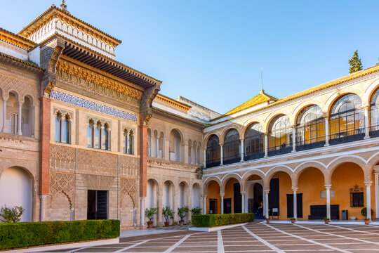 Palace of Peter and House of Trade in Patio de la Monteria (Hunt courtyard), Alcazar of Seville, Spain