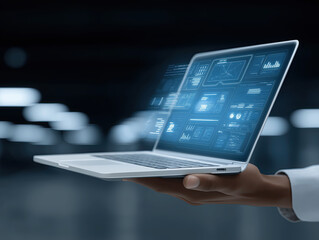 Open notebook hovers above palm projecting translucent analytical dashboards outward.