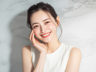 笑顔できらめく綺麗な肌と白い歯を見せる日本人女性美人モデルの接写写真。オーラルケア、スキンケア、コスメ広告用。