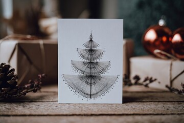 Abstract illustration of a Christmas tree created with intricate black lines on a white card, showcasing artistic design and holiday spirit in a minimalistic style