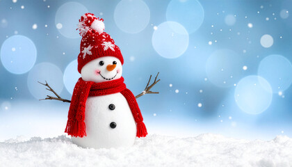 Cute snowman wearing red knit hat in bright winter snow