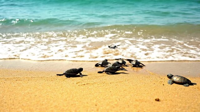 A heartwarming close-up captures a group of tiny sea turtle hatchlings instinctively making their arduous journey across the golden sandy beach towards the vast, sparkling turquoise ocean. Gentle foam