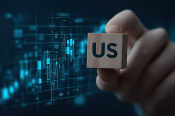 Hand holds wooden cube displaying stock market trading chart analytics interface.
