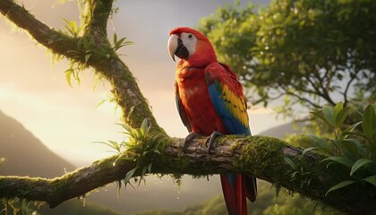 Scarlet macaw perched on branch against lush green landscape