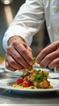 Cook plating food for serving. Male chef decorates a dish of skewered chicken, cherry tomato, and sauce. Restaurant kitchen plating and garnishing.