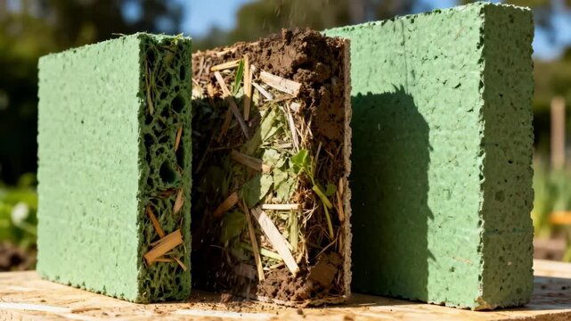Medium shot of biodegradable green building materials displayed in natural light emphasizing quick decomposition and ecofriendly construction practices that minimize environmental