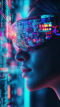 A modern female figure wearing a futuristic visor and headset, her face lit up with holographic technology surrounding her, suggesting advanced virtual reality or AI interaction.