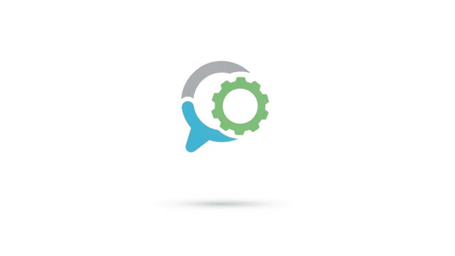 A clean, modern minimalist logo featuring a stylized speech bubble icon integrated with a green mechanical gear. The design uses a professional palette of cyan blue, grey, and lime green.