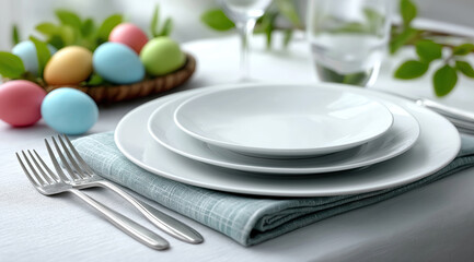 Stacked white plates with folded green napkin beside colorful painted easter eggs.
