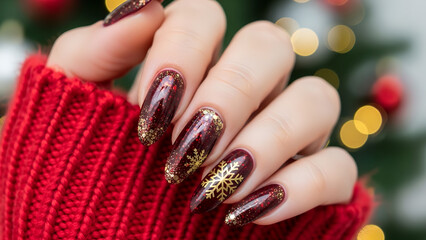 冬の赤いニットとゴールドラメが輝く華やかなジェルネイル