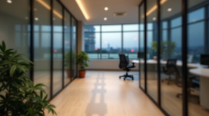Fototapeta premium Abstract office interior background. Blurry office space. Modern workspace design featuring glass walls, soft blurred furniture, green plants, natural light, commercial business interior and indoor