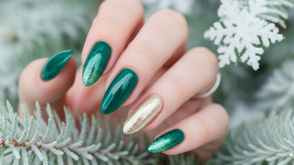 冬の森とエメラルドグリーンのネイルアート クリスマスシーズンの手元