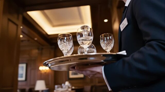 Sophisticated waiter carrying crystal glasses on silver tray in elegant hall - Powered by Adobe