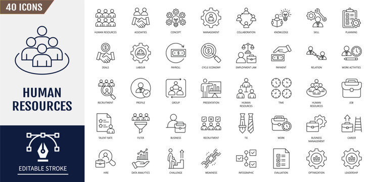 Human resources icon set. Containing employee, work, organization structure, business, industry, cycle economy and more. Vector illustration